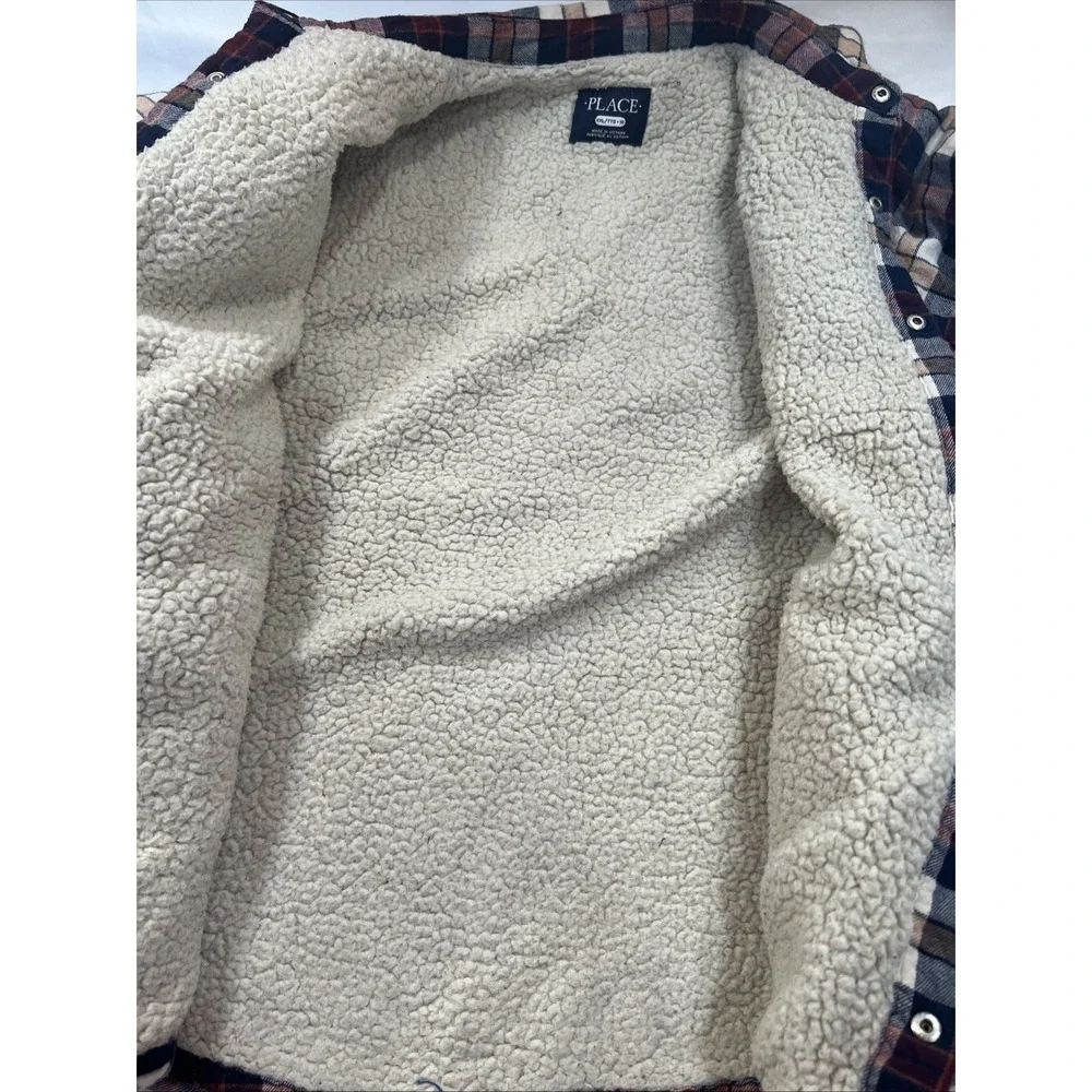Children's Place Button Up Sherpa Sz XXL 16 Maroon Plaid Pockets Long Sleevewarm